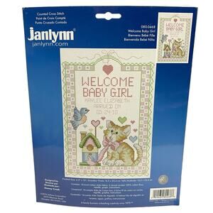 Janlynn Welcome Baby Girl Birth Kitty Sealed Cross Stitch Kit - 6.5” x10” NOS